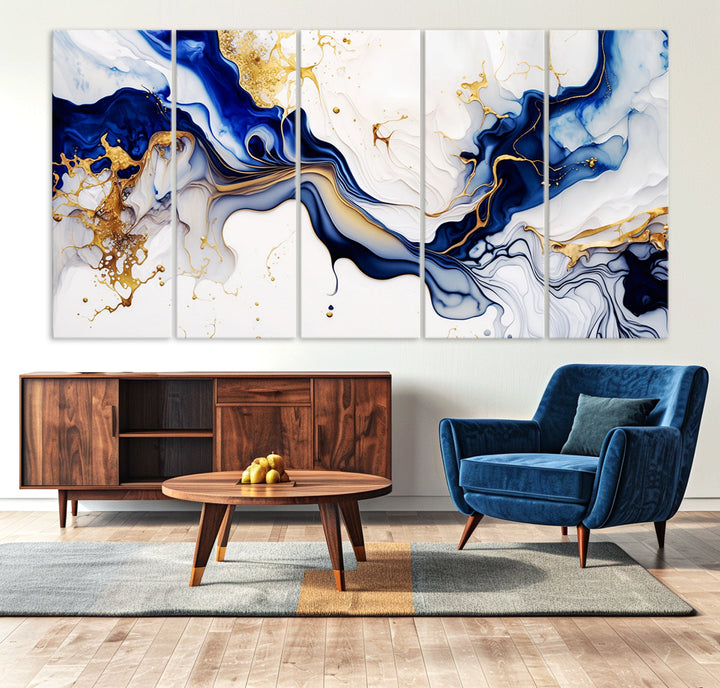 Abstract Blue Gold Marble Shape 3 Pieces Wall Art Canvas Print