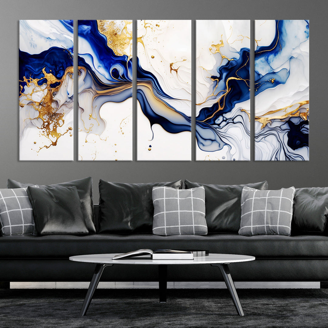 Abstract Blue Gold Marble Shape 3 Pieces Wall Art Canvas Print