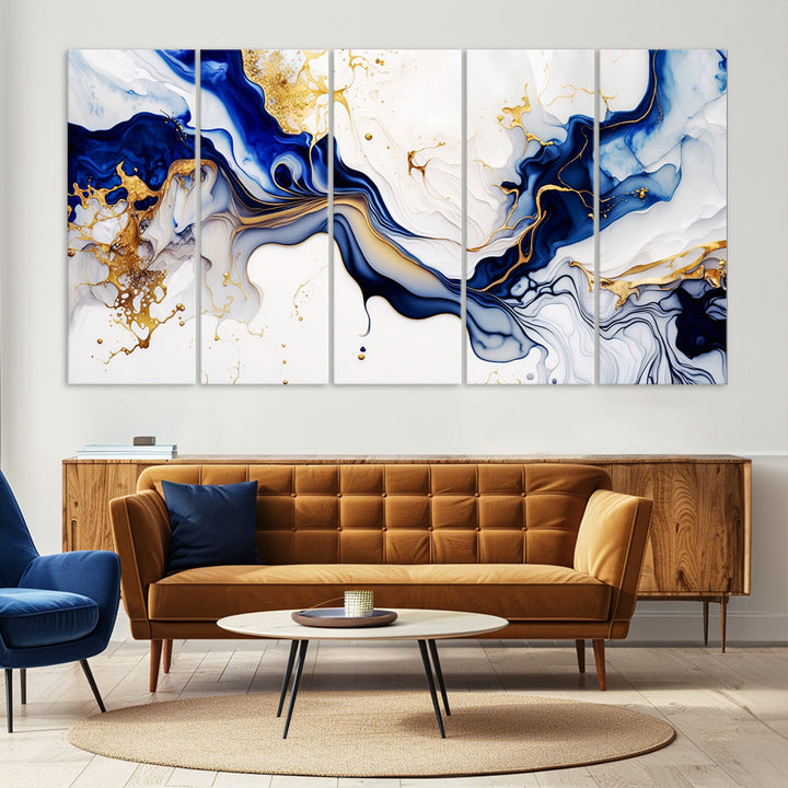 Abstract Blue Gold Marble Shape 3 Pieces Wall Art Canvas Print