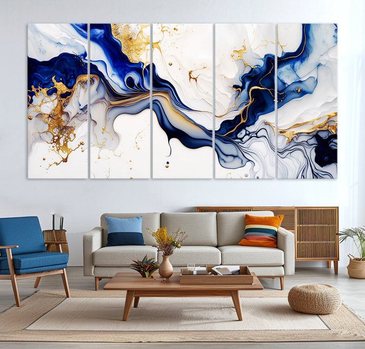 Abstract Blue Gold Marble Shape 3 Pieces Wall Art Canvas Print