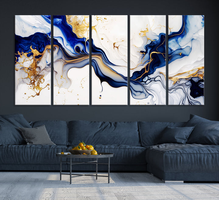 Abstract Blue Gold Marble Shape 3 Pieces Wall Art Canvas Print