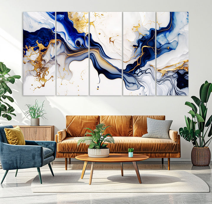 Abstract Blue Gold Marble Shape 3 Pieces Wall Art Canvas Print