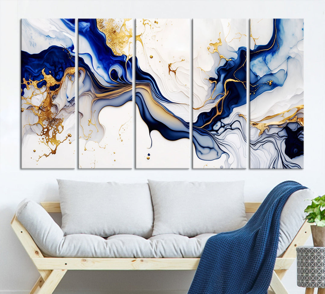 Abstract Blue Gold Marble Shape 3 Pieces Wall Art Canvas Print