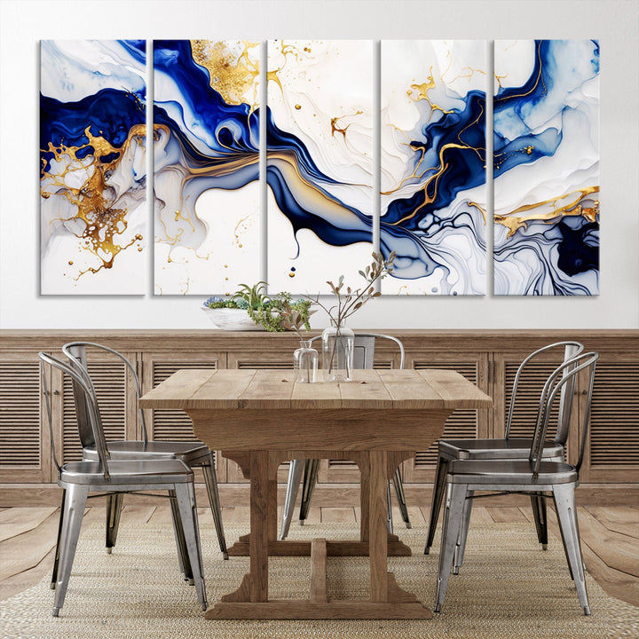 Abstract Blue Gold Marble Shape 3 Pieces Wall Art Canvas Print