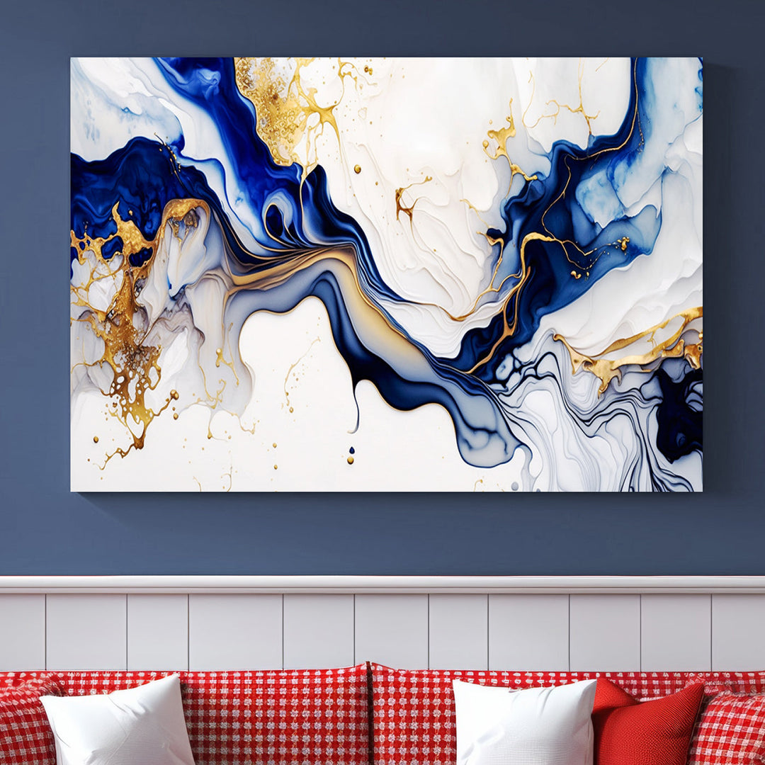 Abstract Blue Gold Marble Shape 3 Pieces Wall Art Canvas Print