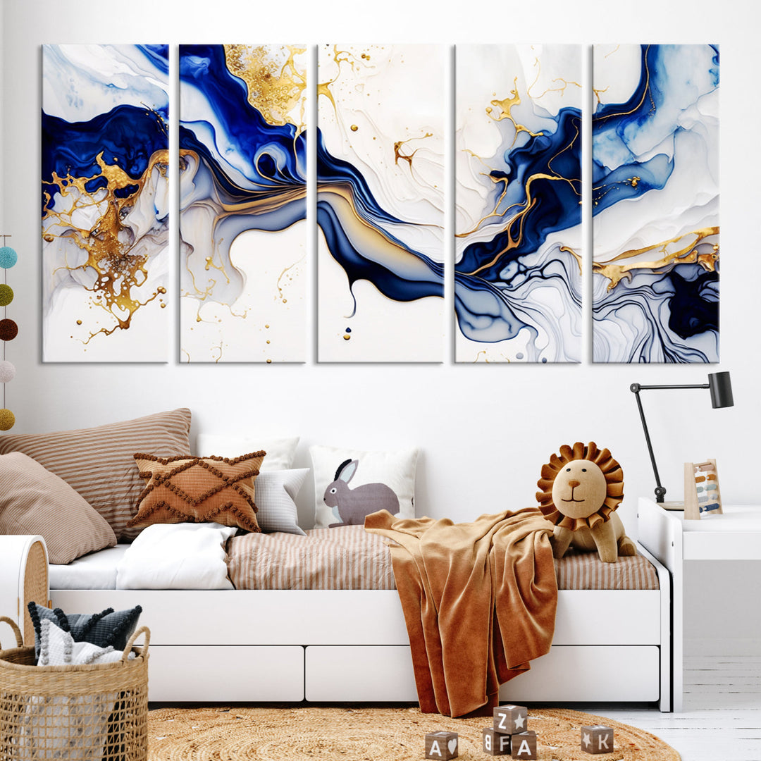 Abstract Blue Gold Marble Shape 3 Pieces Wall Art Canvas Print