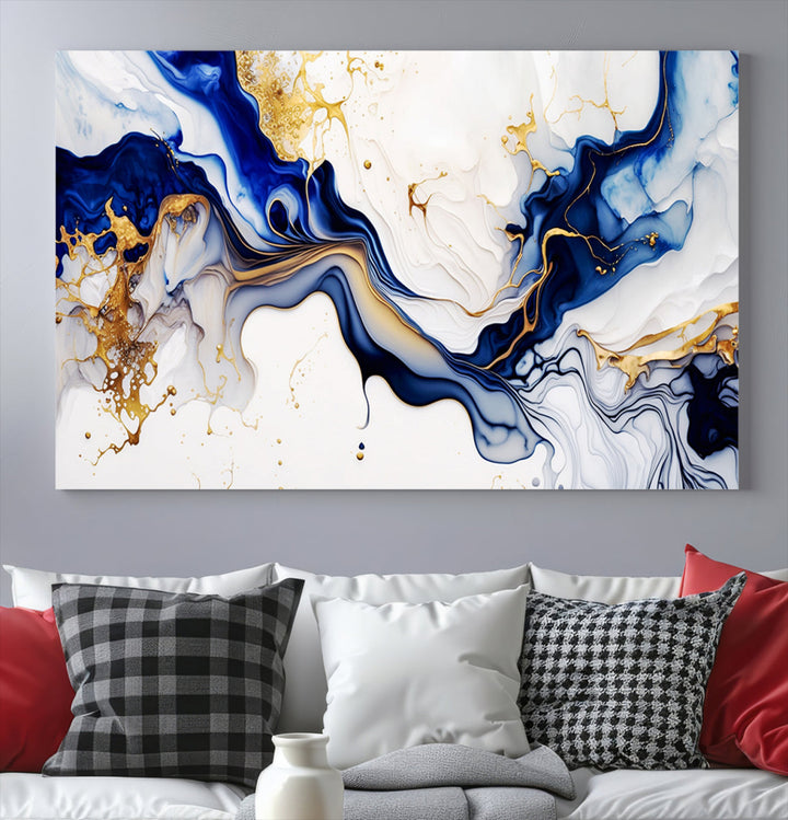 Abstract Blue Gold Marble Shape 3 Pieces Wall Art Canvas Print