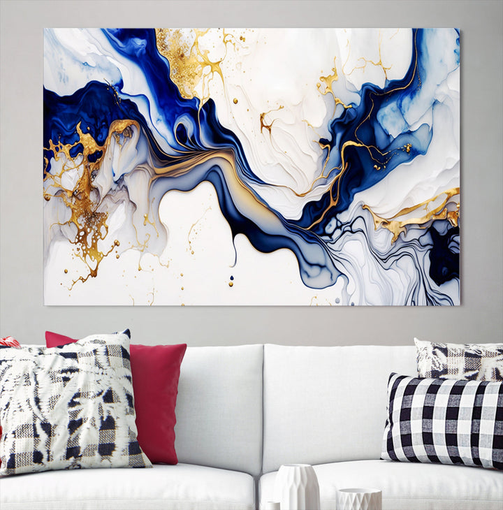 Abstract Blue Gold Marble Shape 3 Pieces Wall Art Canvas Print