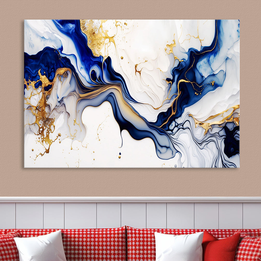 Abstract Blue Gold Marble Shape 3 Pieces Wall Art Canvas Print