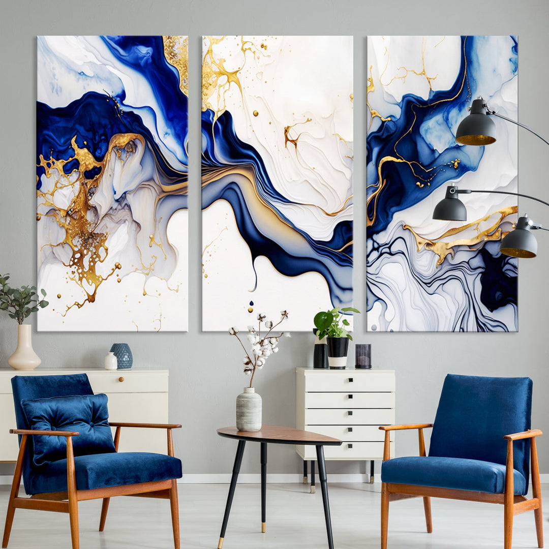 Abstract Blue Gold Marble Shape 3 Pieces Wall Art Canvas Print