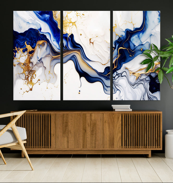 Abstract Blue Gold Marble Shape 3 Pieces Wall Art Canvas Print