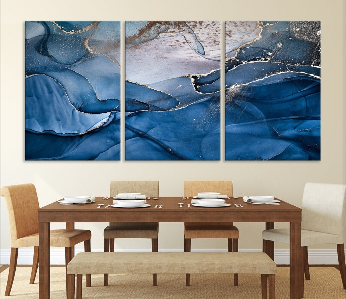 Add a Touch of Elegance to Your Art Collection with Our Navy Blue Abstract Marble Canvas Print with Fluid Effect