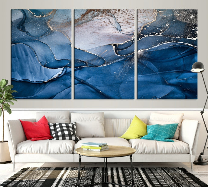 Add a Touch of Elegance to Your Art Collection with Our Navy Blue Abstract Marble Canvas Print with Fluid Effect