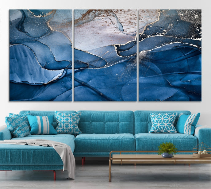 Add a Touch of Elegance to Your Art Collection with Our Navy Blue Abstract Marble Canvas Print with Fluid Effect