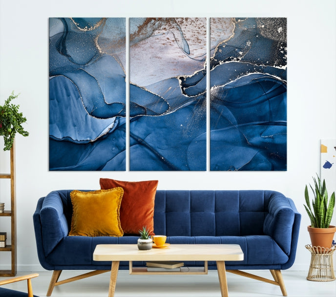 Add a Touch of Elegance to Your Art Collection with Our Navy Blue Abstract Marble Canvas Print with Fluid Effect