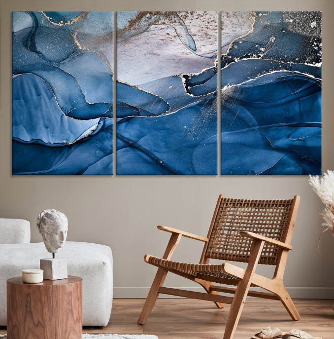 Add a Touch of Elegance to Your Art Collection with Our Navy Blue Abstract Marble Canvas Print with Fluid Effect