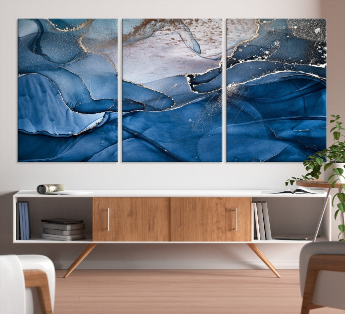 Add a Touch of Elegance to Your Art Collection with Our Navy Blue Abstract Marble Canvas Print with Fluid Effect