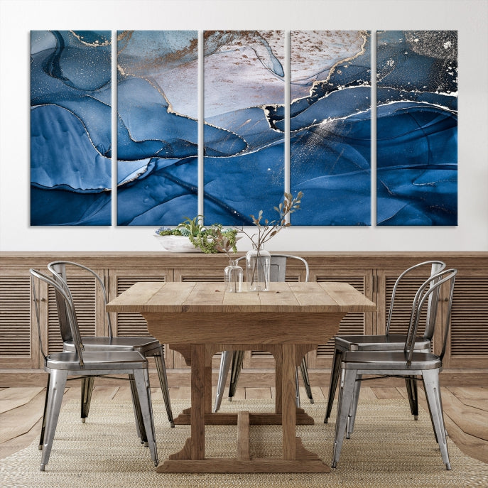 Add a Touch of Elegance to Your Art Collection with Our Navy Blue Abstract Marble Canvas Print with Fluid Effect