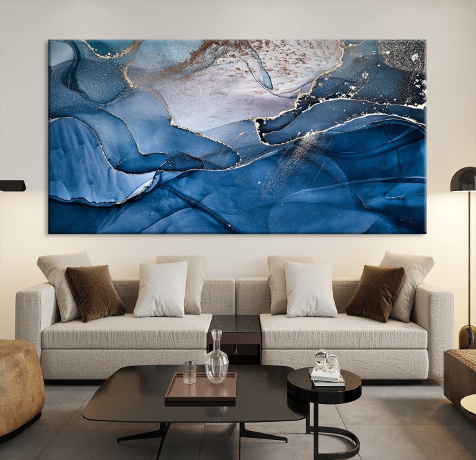 Add a Touch of Elegance to Your Art Collection with Our Navy Blue Abstract Marble Canvas Print with Fluid Effect