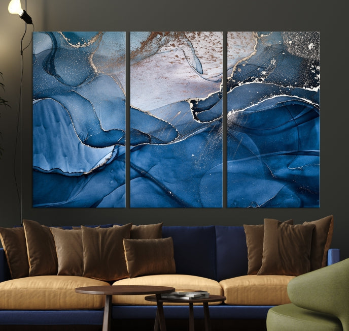 Add a Touch of Elegance to Your Art Collection with Our Navy Blue Abstract Marble Canvas Print with Fluid Effect