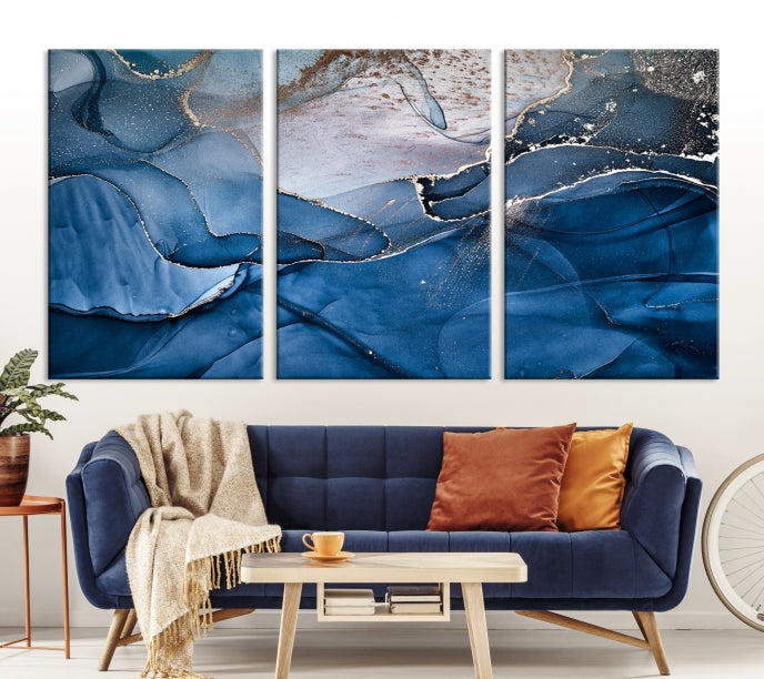 Add a Touch of Elegance to Your Art Collection with Our Navy Blue Abstract Marble Canvas Print with Fluid Effect