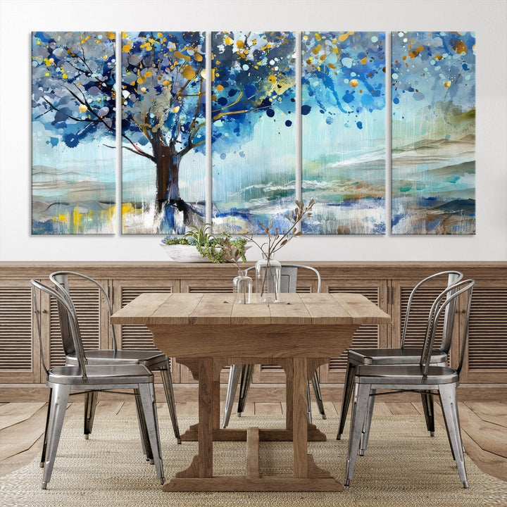 Abstract Blue Tree Painting Wall Art Canvas Print Framed Set of Wall Decor