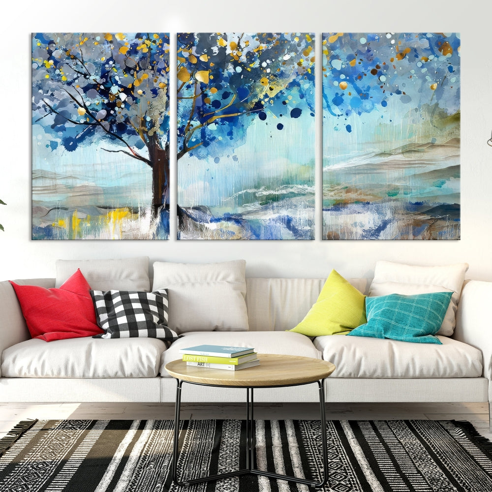 Abstract Blue Tree Painting Wall Art Canvas Print Framed Set of Wall Decor