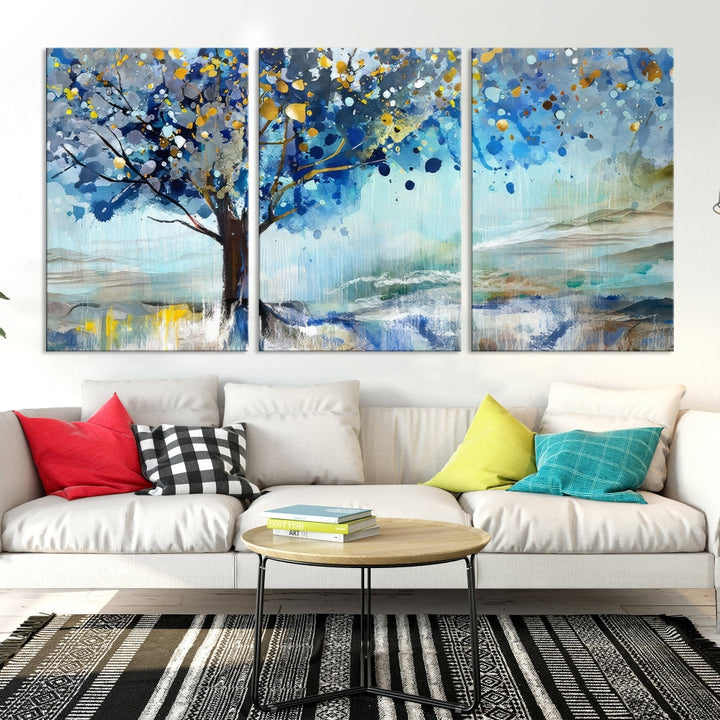 Abstract Blue Tree Painting Wall Art Canvas Print Framed Set of Wall Decor