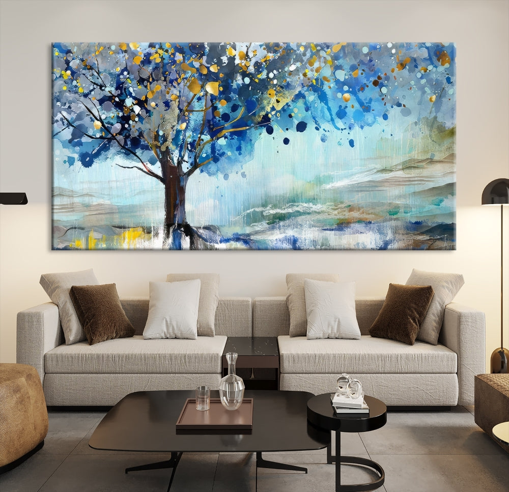 Abstract Blue Tree Painting Wall Art Canvas Print Framed Set of Wall Decor