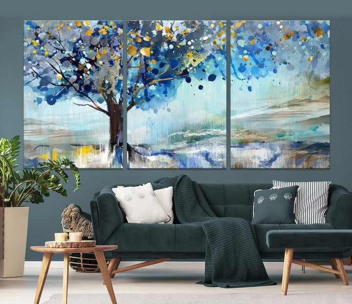 Abstract Blue Tree Painting Wall Art Canvas Print Framed Set of Wall Decor