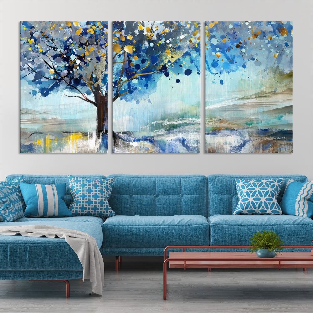 Abstract Blue Tree Painting Wall Art Canvas Print Framed Set of Wall Decor