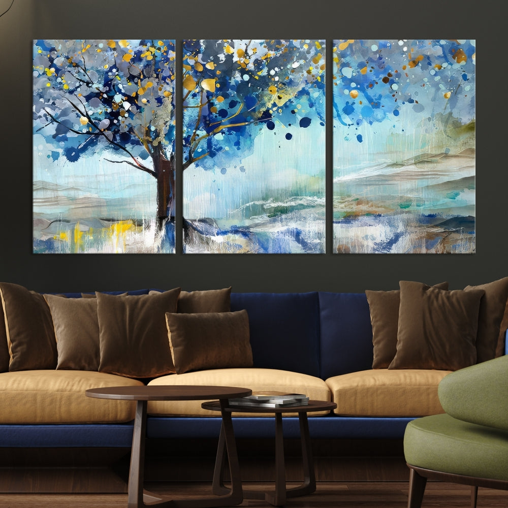 Abstract Blue Tree Painting Wall Art Canvas Print Framed Set of Wall Decor