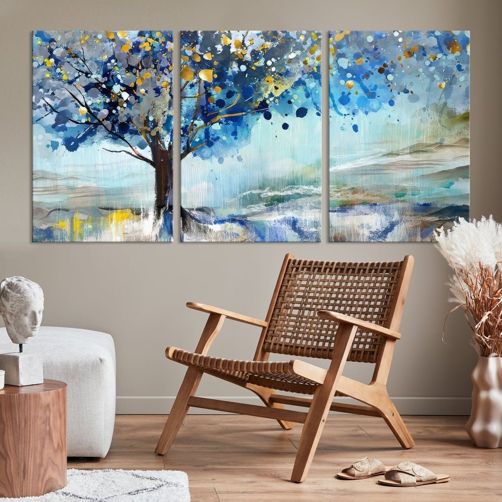 Abstract Blue Tree Painting Wall Art Canvas Print Framed Set of Wall Decor