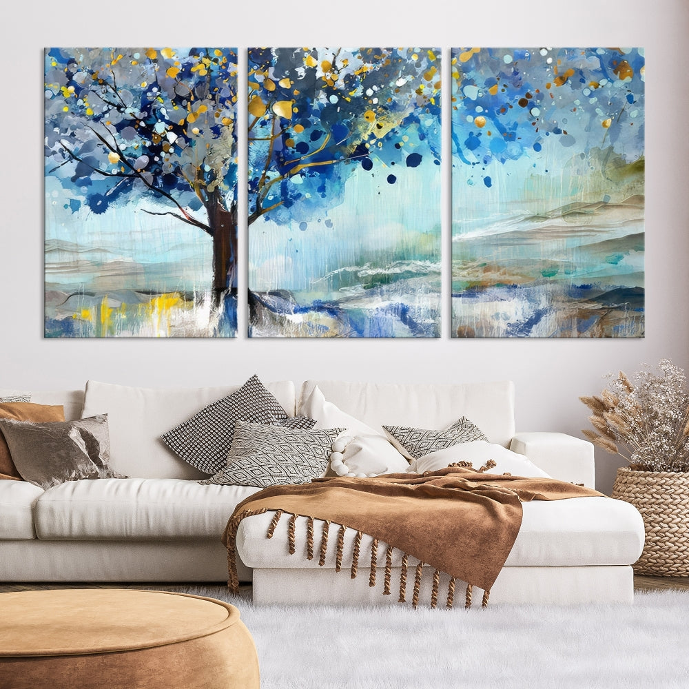 Abstract Blue Tree Painting Wall Art Canvas Print Framed Set of Wall Decor