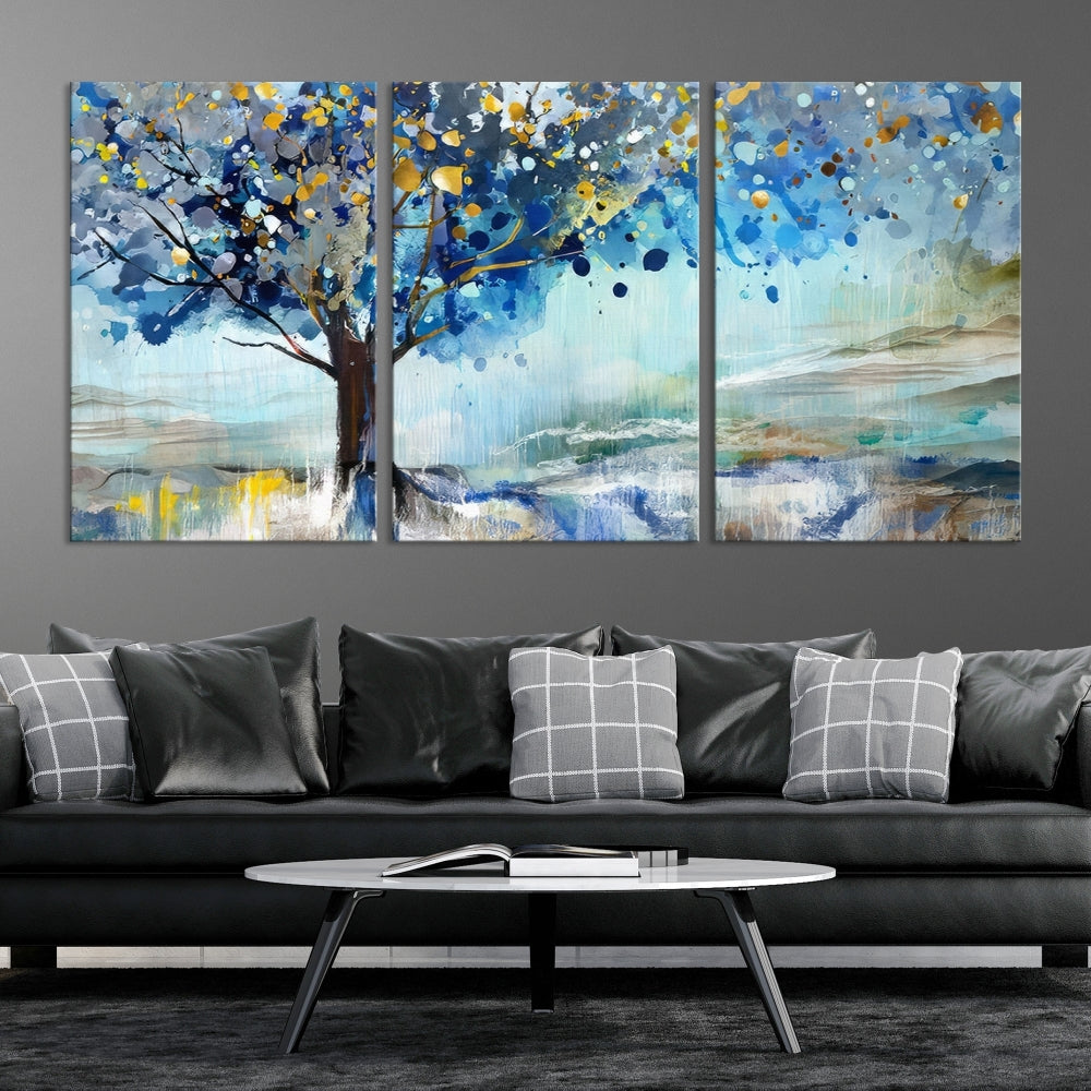 Abstract Blue Tree Painting Wall Art Canvas Print Framed Set of Wall Decor