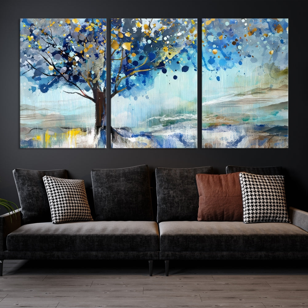 Abstract Blue Tree Painting Wall Art Canvas Print Framed Set of Wall Decor