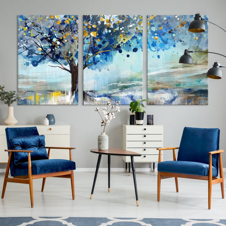 Abstract Blue Tree Painting Wall Art Canvas Print Framed Set of Wall Decor