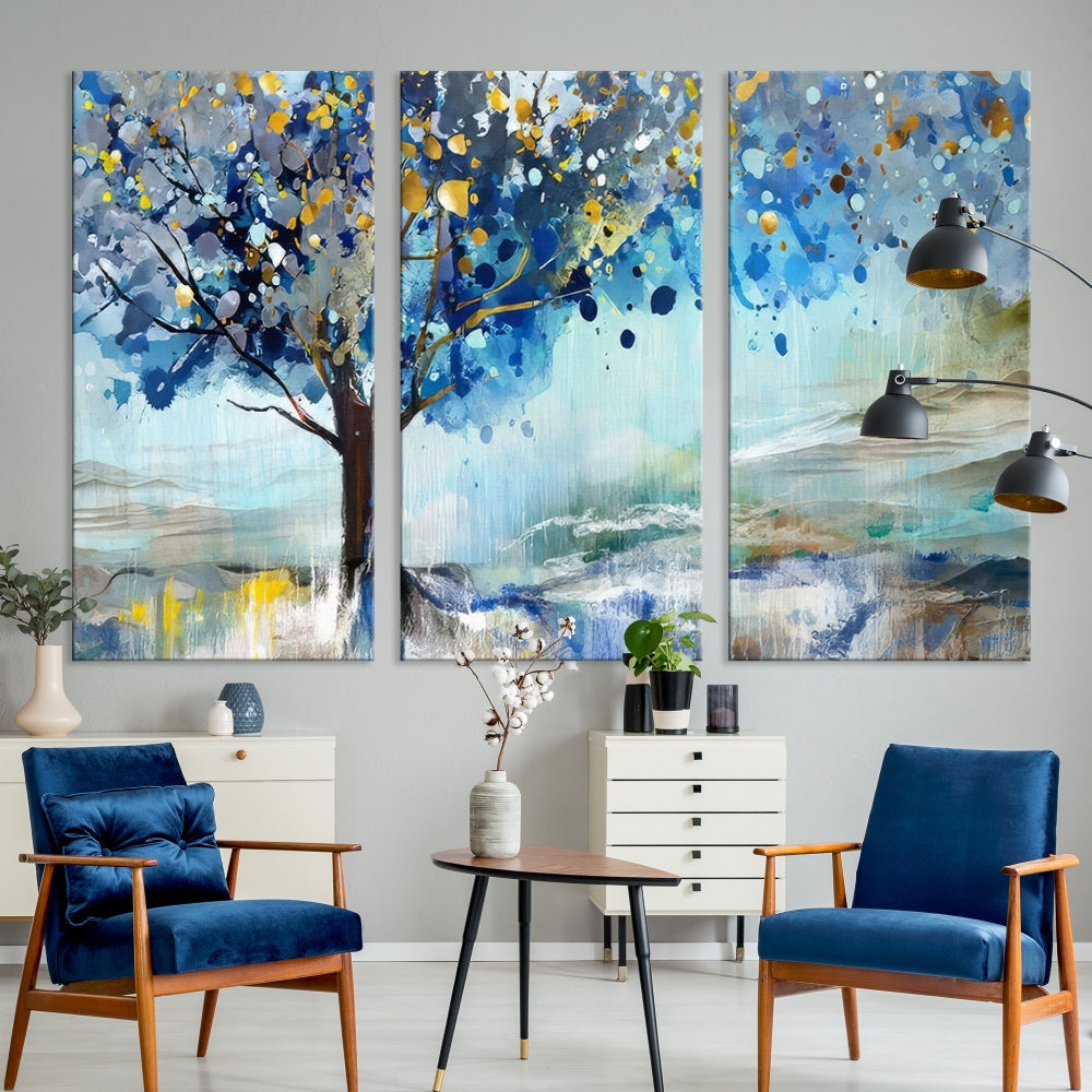 Abstract Blue Tree Painting Wall Art Canvas Print Framed Set of Wall Decor