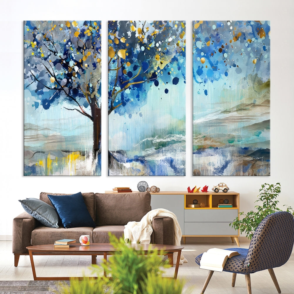 Abstract Blue Tree Painting Wall Art Canvas Print Framed Set of Wall Decor