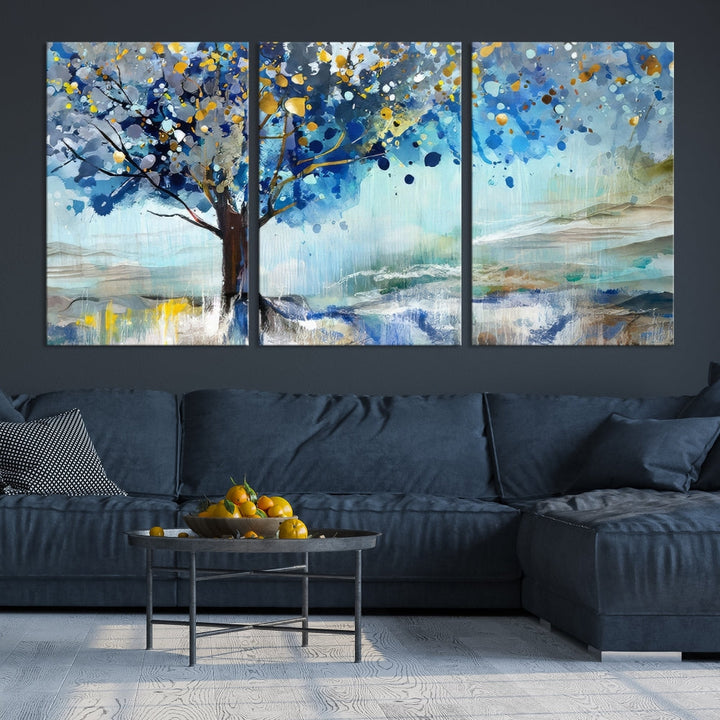 Abstract Blue Tree Painting Wall Art Canvas Print Framed Set of Wall Decor