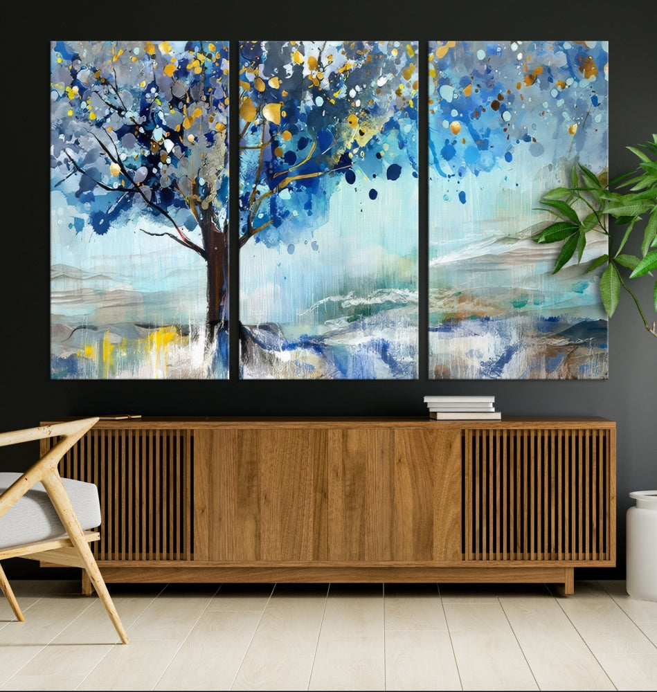 Abstract Blue Tree Painting Wall Art Canvas Print Framed Set of Wall Decor