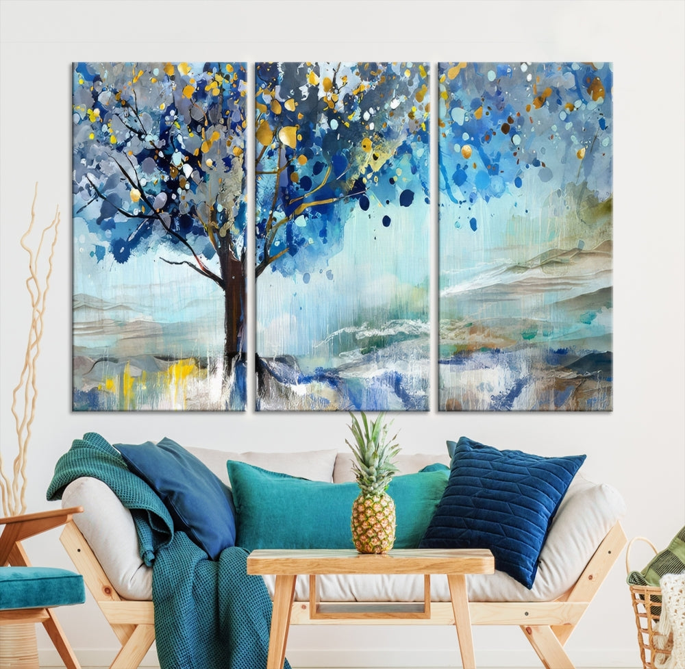 Abstract Blue Tree Painting Wall Art Canvas Print Framed Set of Wall Decor