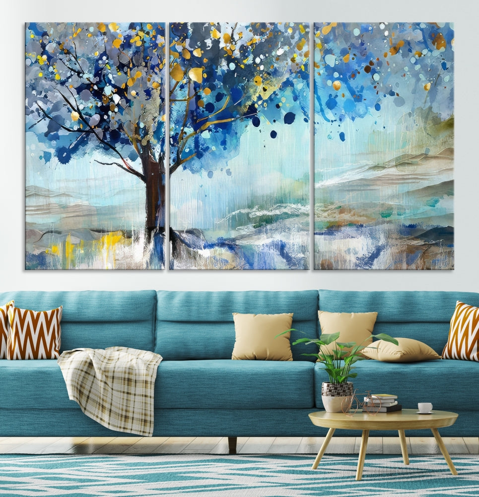 Abstract Blue Tree Painting Wall Art Canvas Print Framed Set of Wall Decor