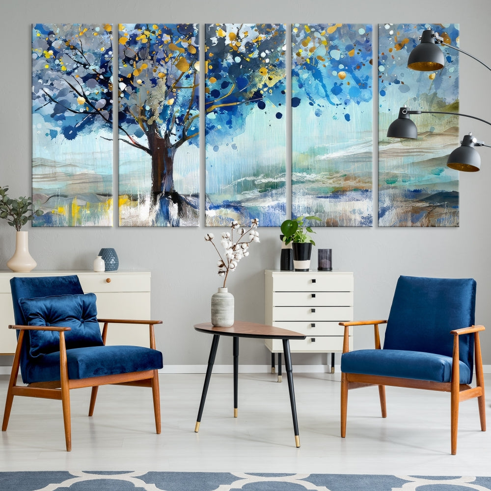 Abstract Blue Tree Painting Wall Art Canvas Print Framed Set of Wall Decor