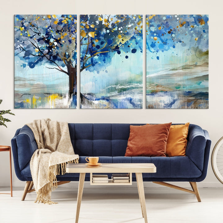 Abstract Blue Tree Painting Wall Art Canvas Print Framed Set of Wall Decor