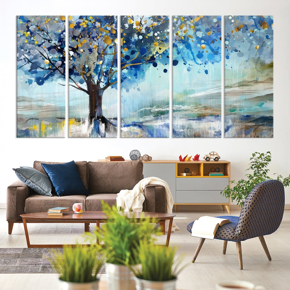 Abstract Blue Tree Painting Wall Art Canvas Print Framed Set of Wall Decor