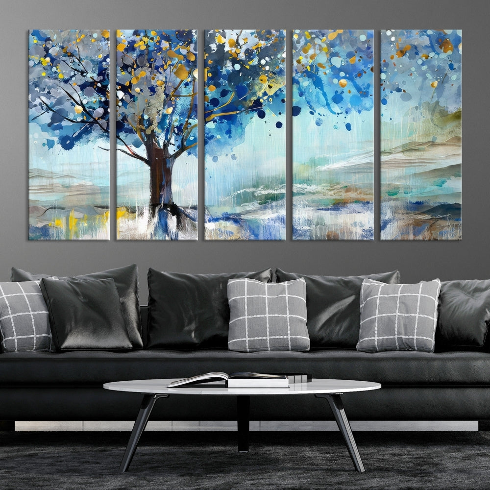 Abstract Blue Tree Painting Wall Art Canvas Print Framed Set of Wall Decor