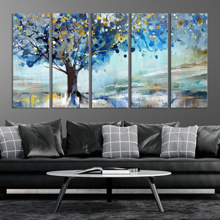 Abstract Blue Tree Painting Wall Art Canvas Print Framed Set of Wall Decor