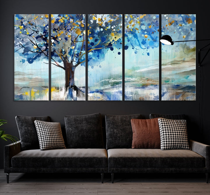 Abstract Blue Tree Painting Wall Art Canvas Print Framed Set of Wall Decor