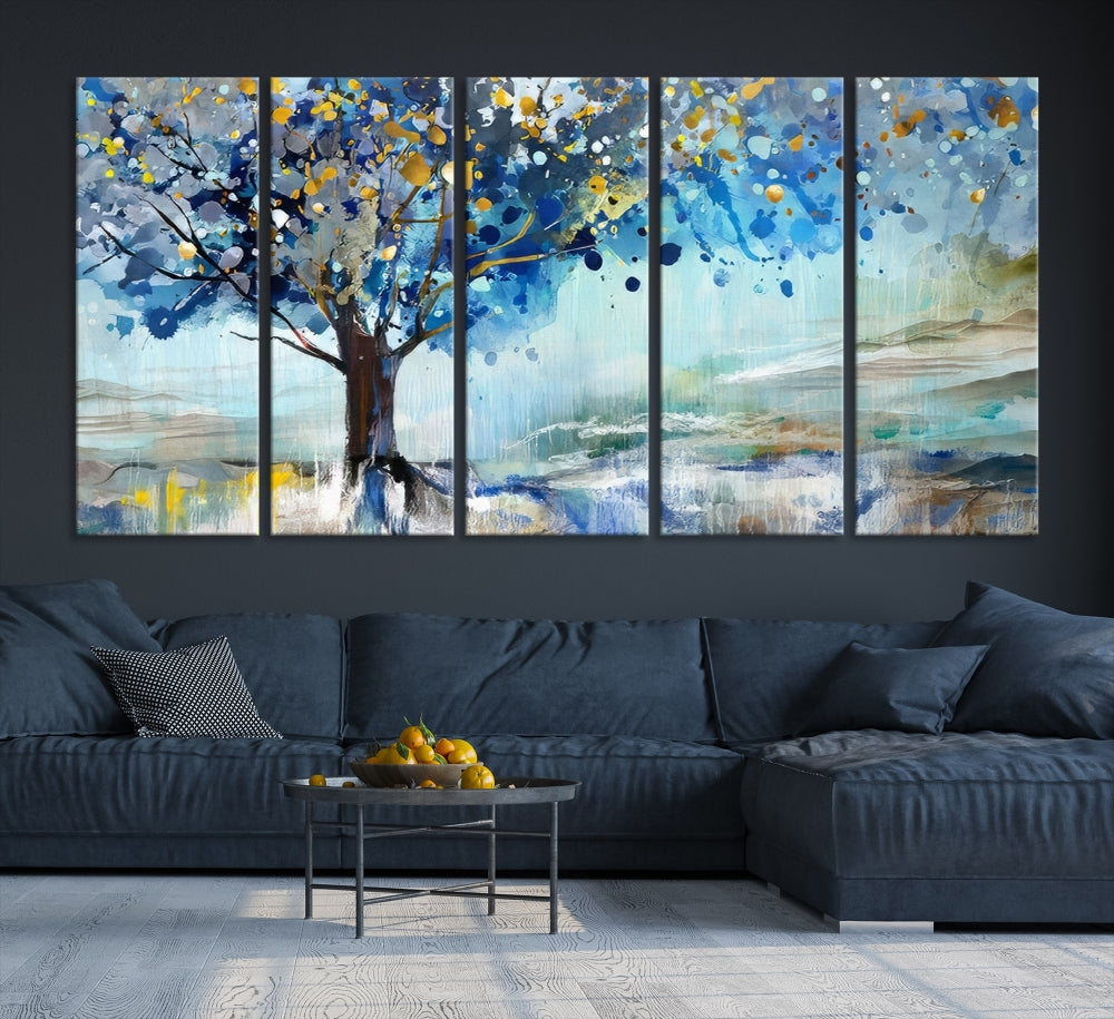 Abstract Blue Tree Painting Wall Art Canvas Print Framed Set of Wall Decor